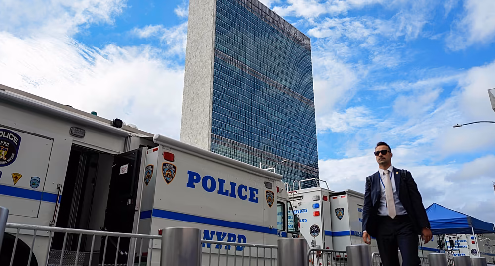 Flags outside the United Nations headquarters in New York ahead of the General Assembly meeting