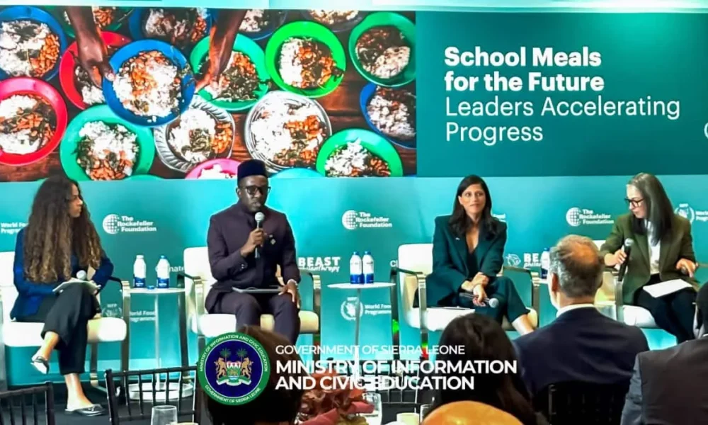 Chernor Bah speaking about school meals, education and local food production at a high-level event in New York