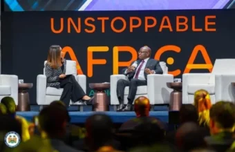 Julius Maada Bio speaks during a fireside chat at UNSTOPPABLE AFRICA 2026 in New York