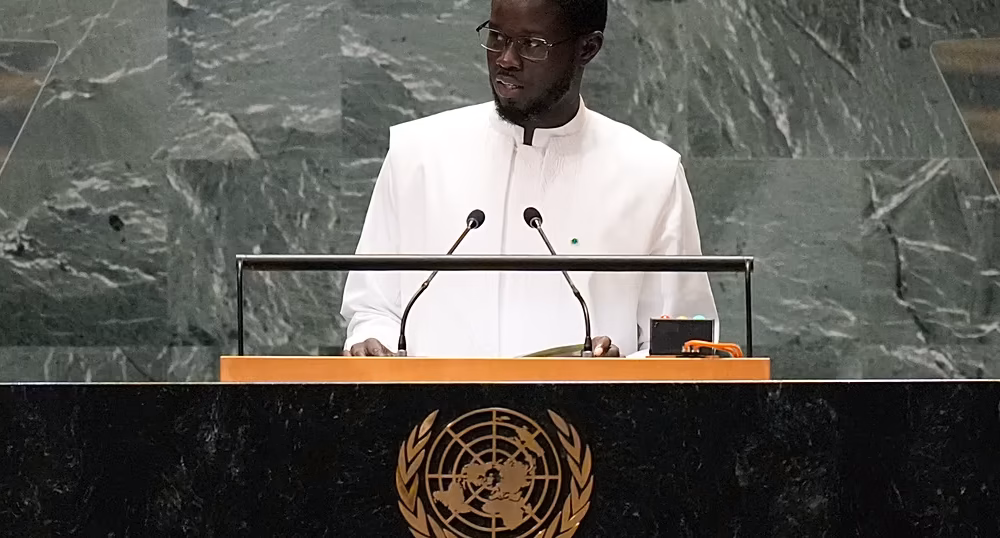 Senegalese President Bassirou Diomaye Faye and French President Emmanuel Macron meeting on the sidelines of the United Nations General Assembly in New York