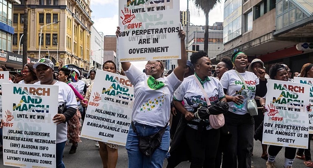 Protesters gather during an anti-illegal immigration demonstration in Durban