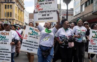 Protesters gather during an anti-illegal immigration demonstration in Durban