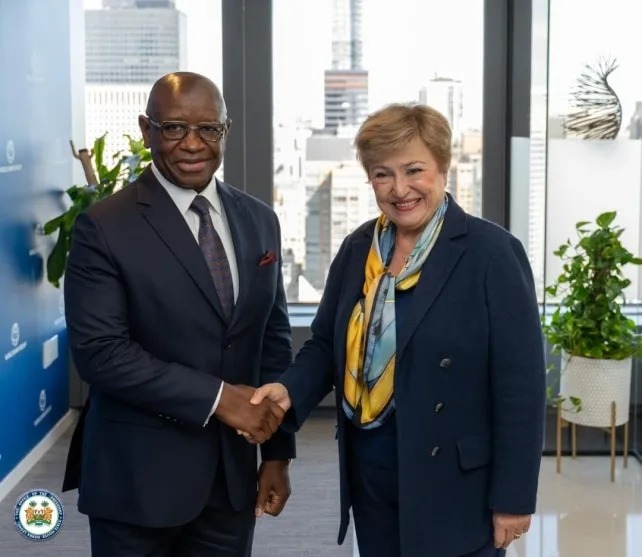 Kristalina Georgieva and President Julius Maada Bio at a bilateral meeting in New York