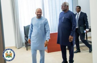 Former President Ernest Bai Koroma and President Julius Maada Bio at State House in Freetown