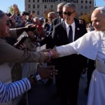French President Emmanuel Macron welcomes Pope Leo XIV at the Élysée Palace