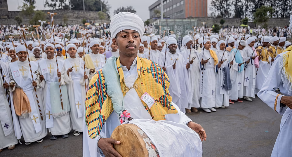Ethiopian Orthodox Christians gather at Meskel Square in Addis Ababa for prayers and the lighting of the Demera bonfire