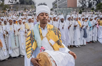 Ethiopian Orthodox Christians gather at Meskel Square in Addis Ababa for prayers and the lighting of the Demera bonfire