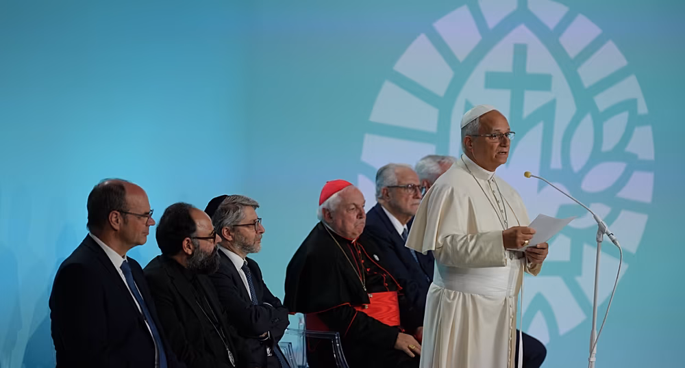 Pope Leo XIV speaking at an interfaith meeting in Metz during his visit to France
