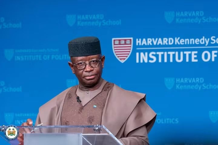 President Julius Maada Bio delivering a keynote address at the John F. Kennedy Jr. Forum at Harvard Kennedy School