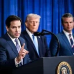 US Secretary of State Marco Rubio speaking to journalists in New York