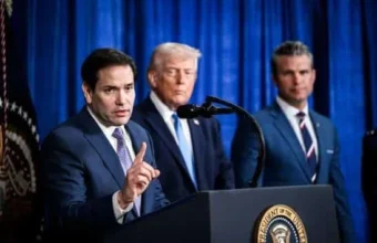 US Secretary of State Marco Rubio speaking to journalists in New York