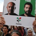 Supporters and families of activists linked to the Global Sumud Flotilla outside a Tunisian court