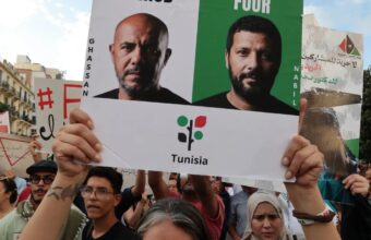 Supporters and families of activists linked to the Global Sumud Flotilla outside a Tunisian court
