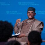 President Julius Maada Bio speaking at Harvard Kennedy School