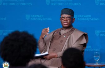 President Julius Maada Bio speaking at Harvard Kennedy School