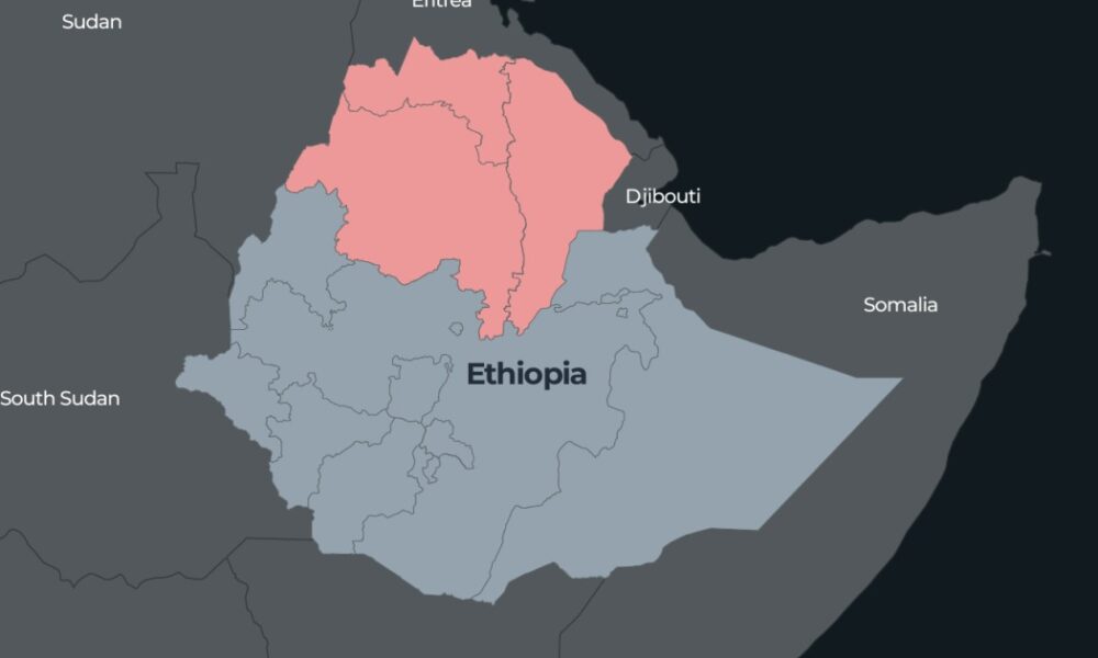 Map of northern Ethiopia showing Tigray, Amhara and Afar regions