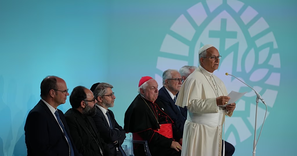 Pope Leo XIV speaking at an interfaith meeting in Metz during his visit to France